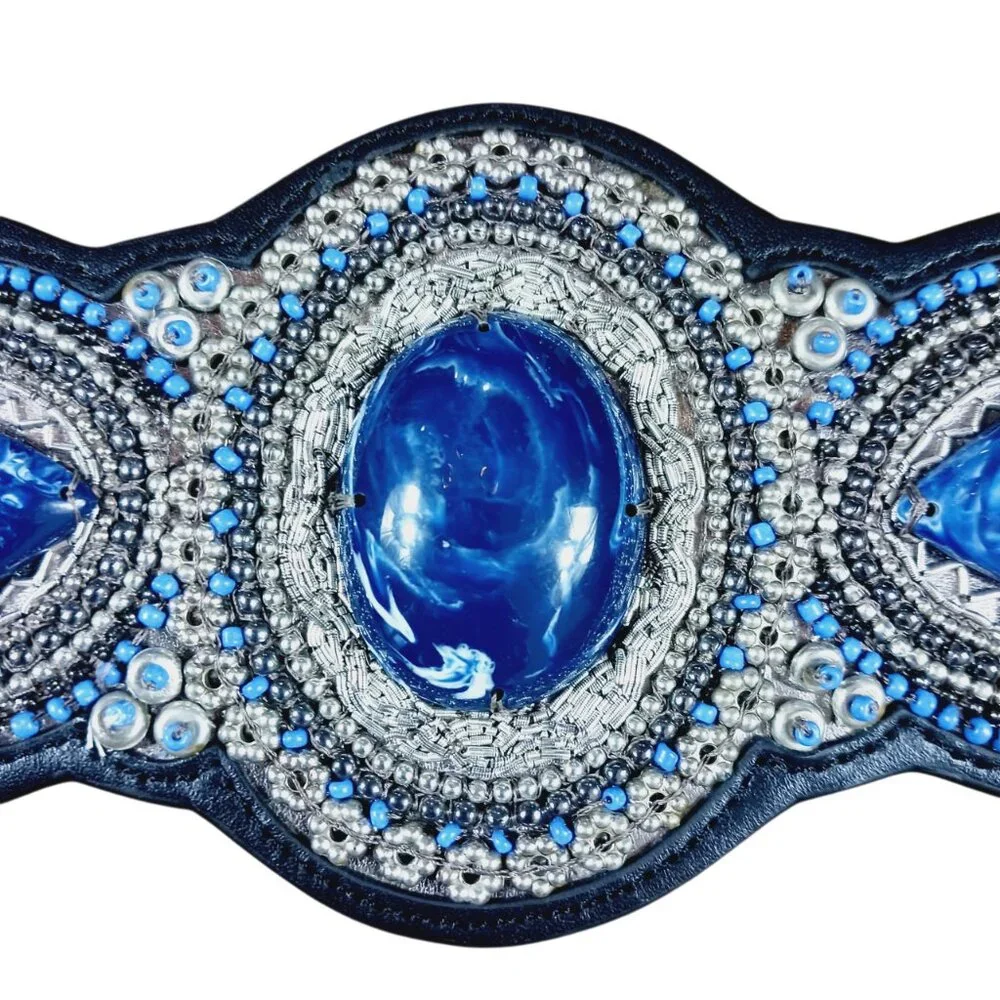 NWT Chico's Blue Faux Stone Silver Chain Link Statement Belt, M/L, Boho, Western